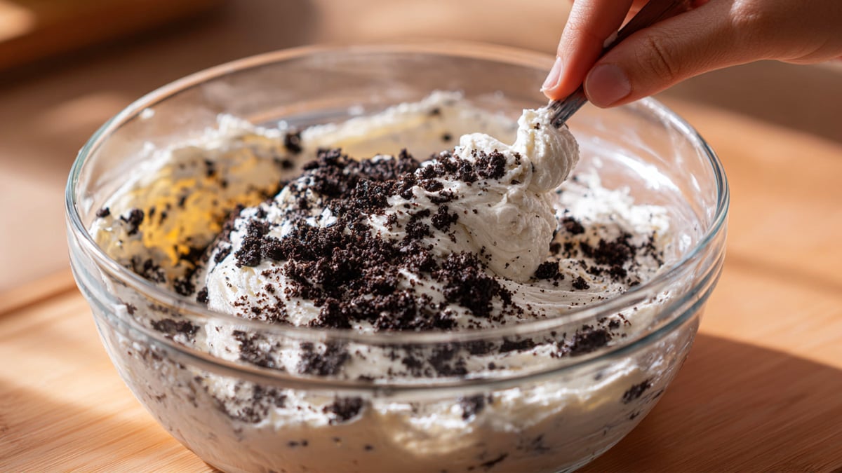 오레오 토핑을 마시멜로와 섞기