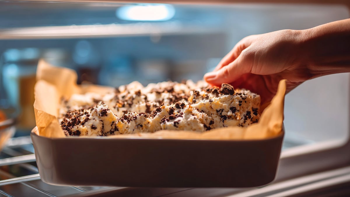 토핑 섞은 녹은 마시멜로 냉장고에 굳히기