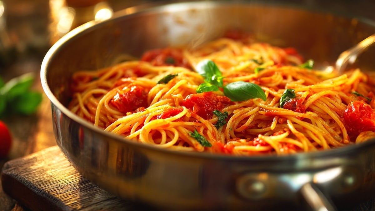 스테인리스 냄비에 담긴 토마토 스파게티