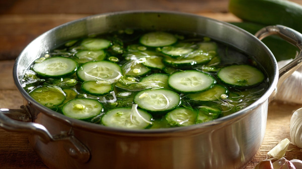 스테인리스 냄비에 담긴 오이절임(피클)