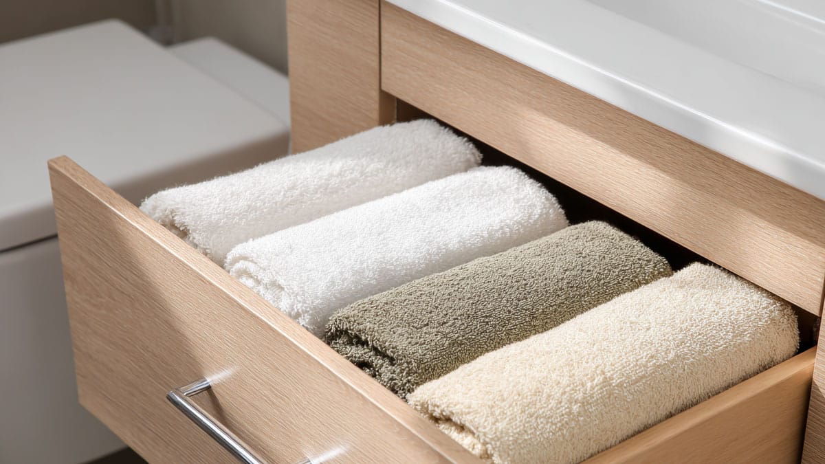 변기 옆 서랍장에 보관된 수건 변기 옆 서랍장에 보관된 수건