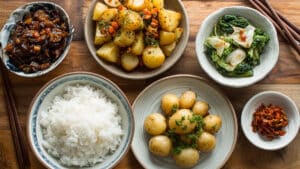 감자조림과 채소반찬을 올린 식탁