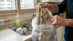 행주를 비닐봉지에 넣는 모습