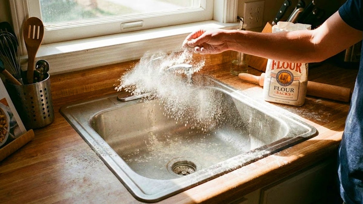 싱크대에 밀가루 뿌리는 모습