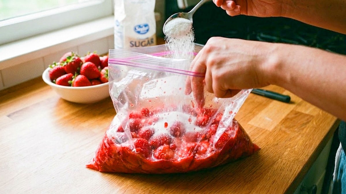 으깬 딸기에 설탕을 넣는 모습