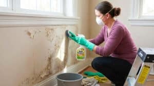 벽에 핀 곰팡이에 식초수를 뿌리는 모습