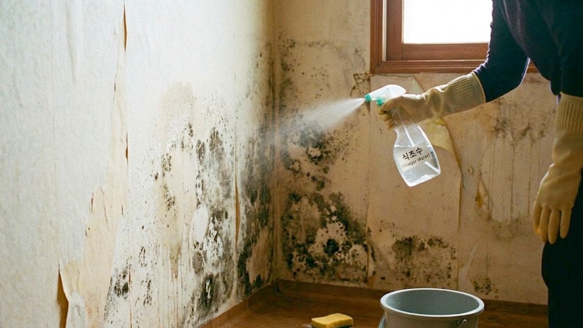 벽에 핀 곰팡이에 식초수를 뿌리는 모습 벽에 핀 곰팡이에 식초수를 뿌리는 모습