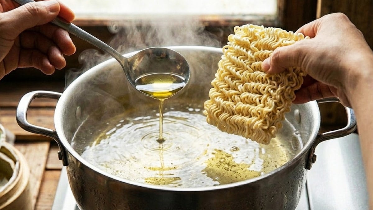 식용유와 라면의 면을 같이 넣기