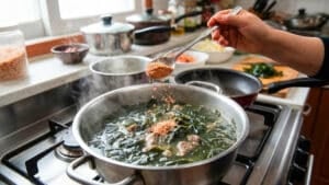 미역국에 새우가루를 넣는 모습