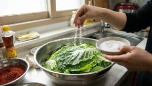 봄동에 설탕을 뿌리는 모습