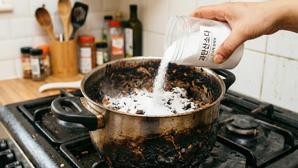 탄 냄비에 과탄산소다를 붓는 모습