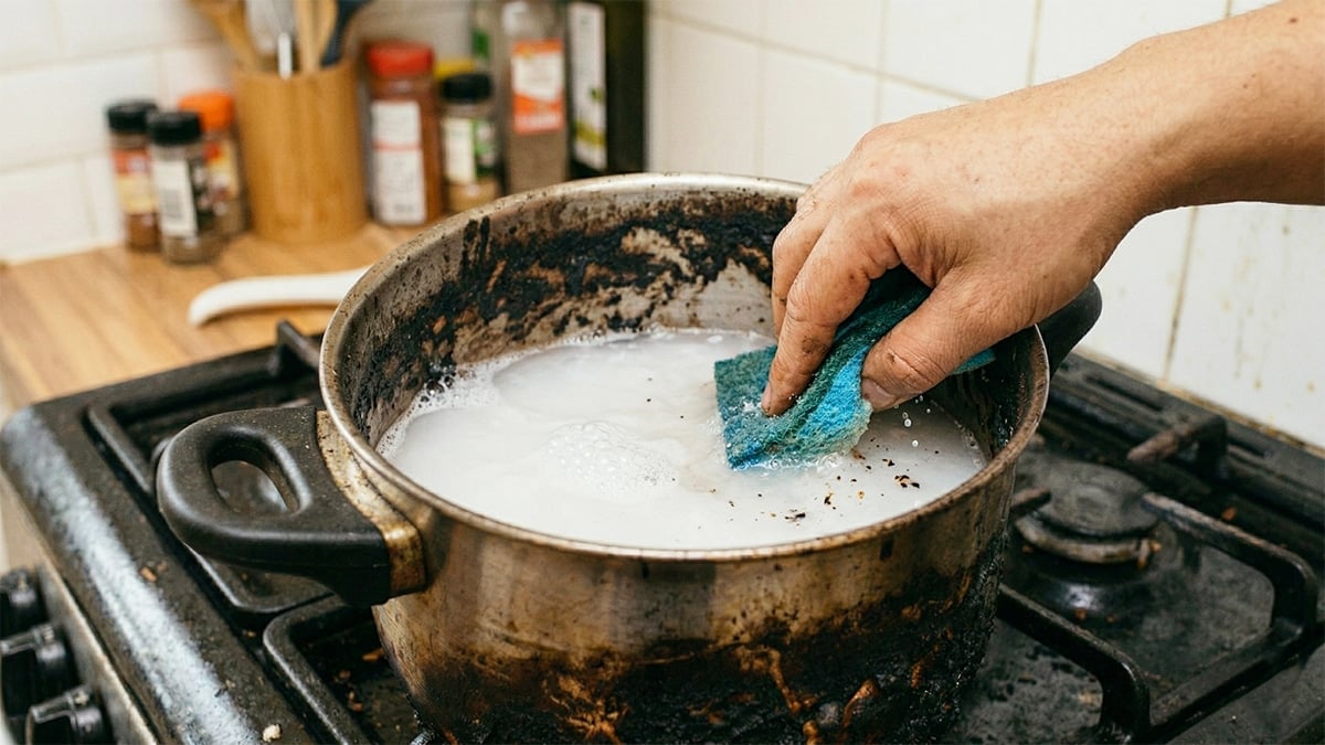 탄냄비를 설거지 하는 모습