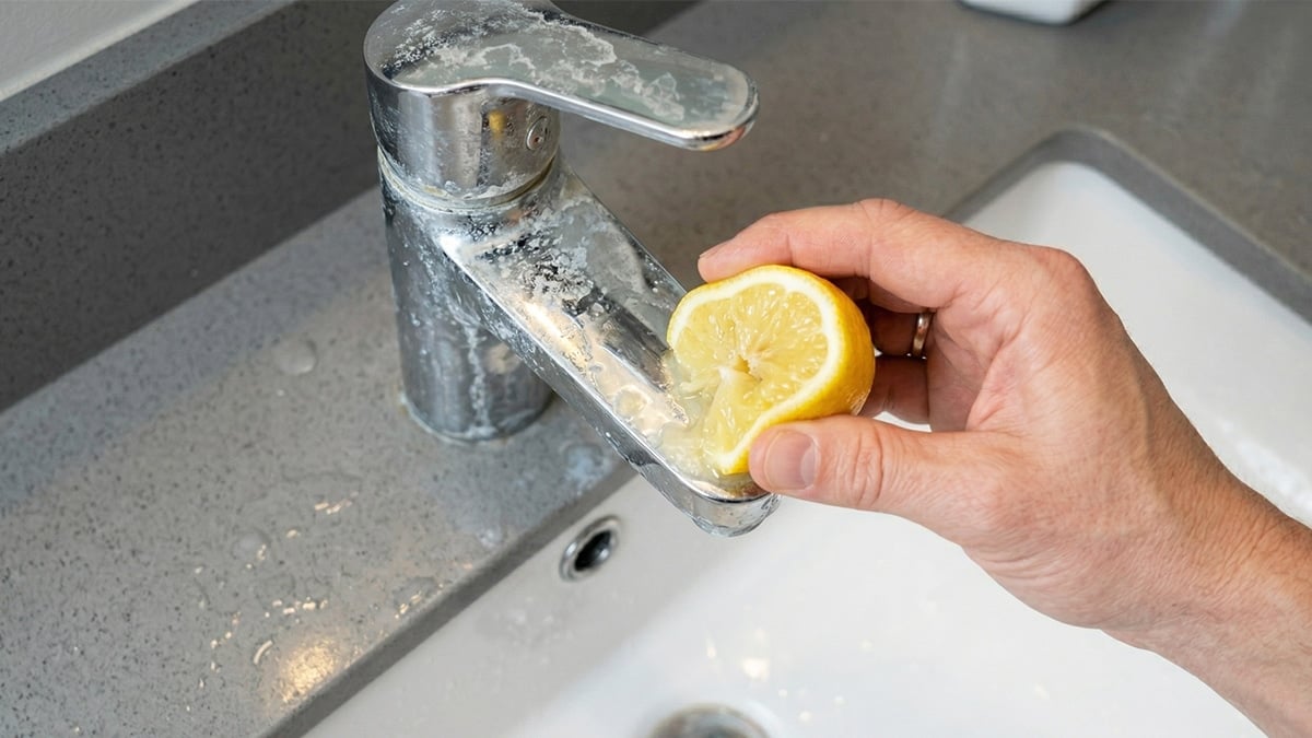 레몬으로 수전을 닦는 모습