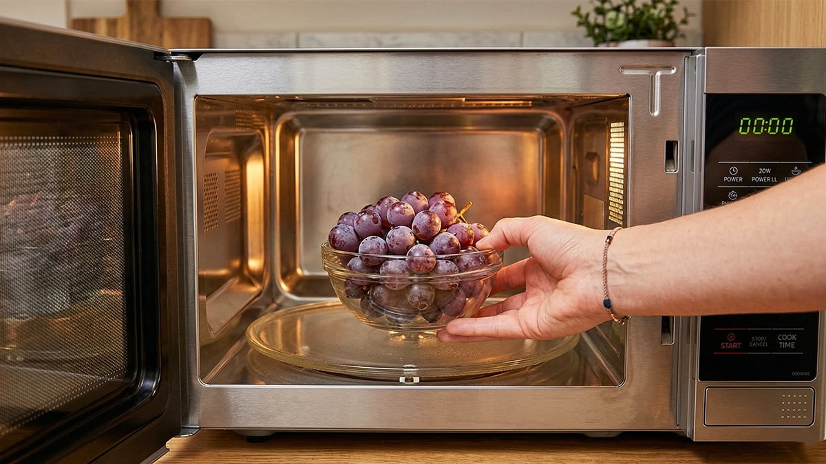 전자레인지에 넣고있는 포도 전자레인지에 넣고있는 포도