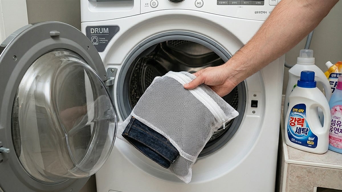 빨래망에 들어있는 청바지 빨래망에 들어있는 청바지