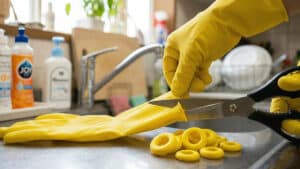 고무장갑 자르는 모습