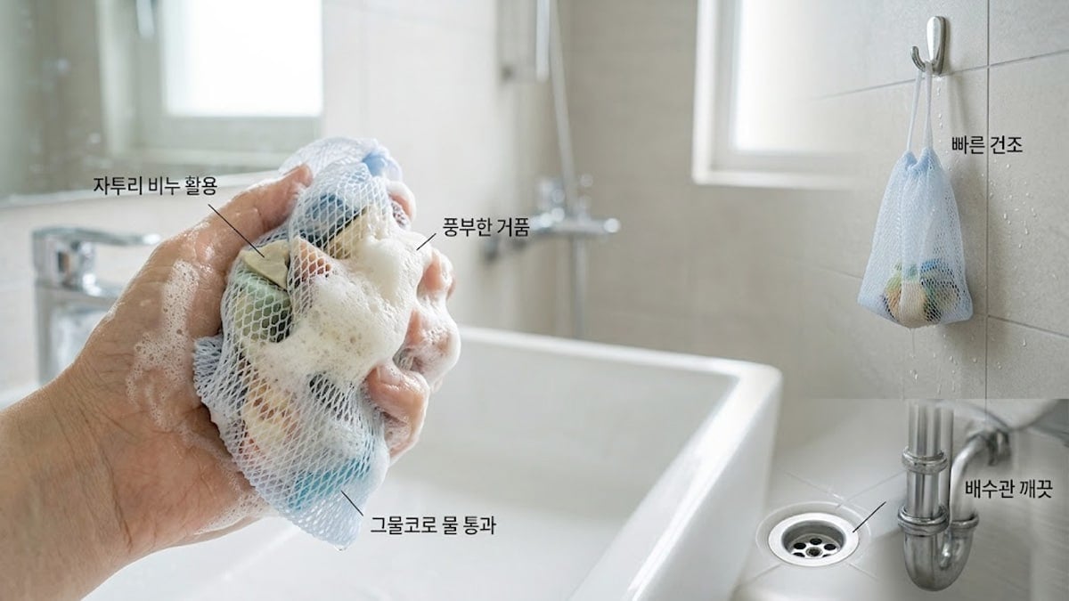 샤워볼로 만든 비누망