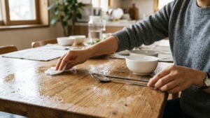 물티슈로 식탁을 닦는 모습