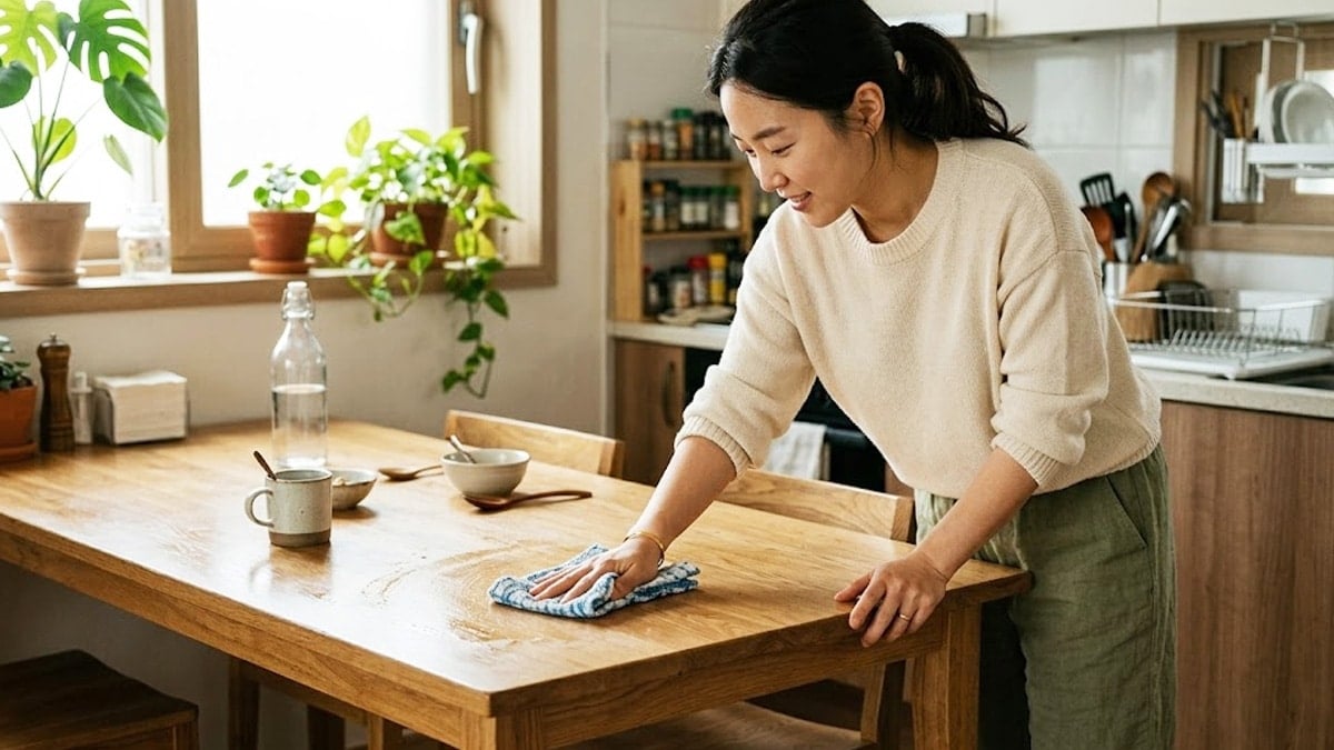 행주로 식탁을 닦는 모습