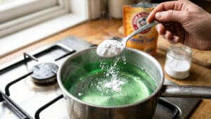 시금치 데친 물에 베이킹소다를 넣는 모습